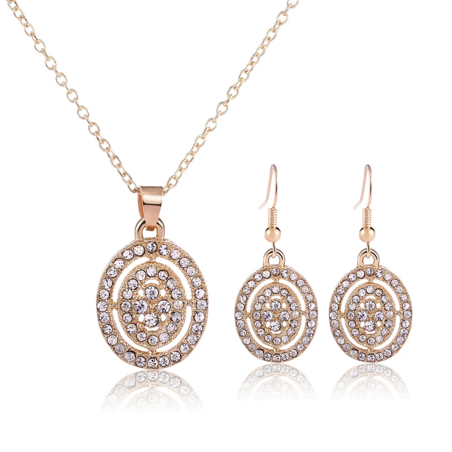 

South Korean jewelry Austrian crystal elliptical pendant gold filled jewellery set for wedding