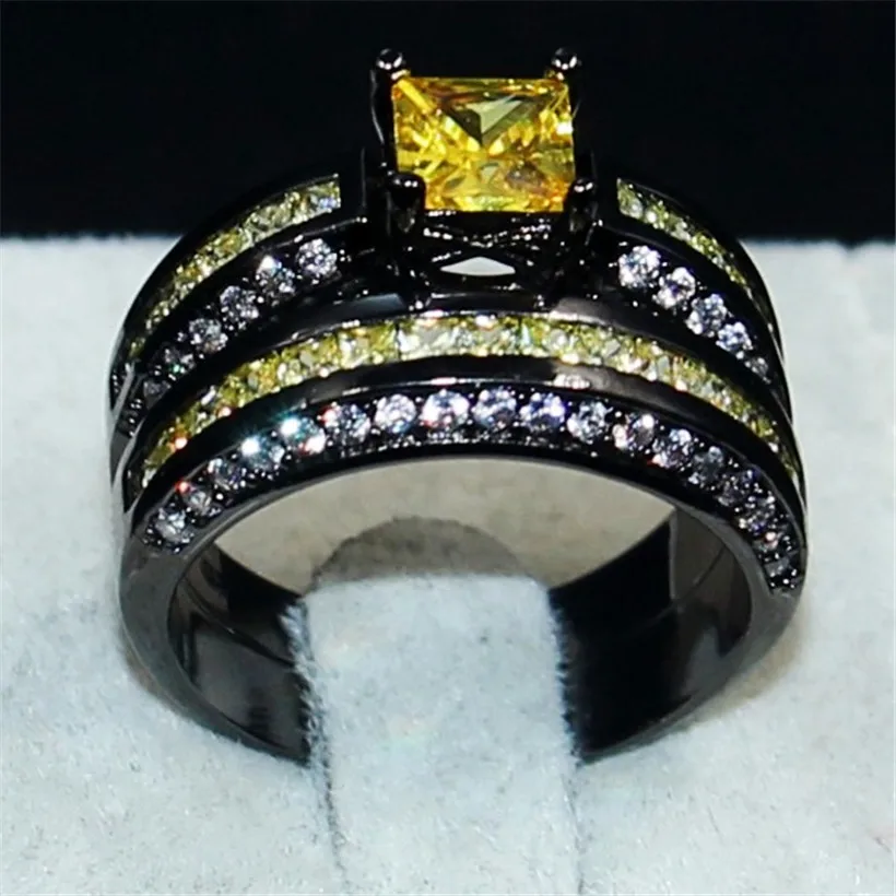 choucong Wedding jewelry Anniversary Rings finger Set for Women 2-in-1 Yellow Princess-cut 5a Zircon 10KT Black gold filled ring | Украшения