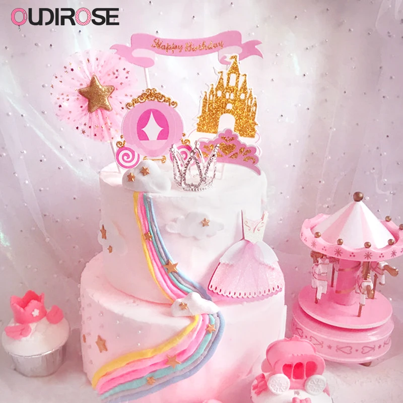 Флэш золотой розовый бумажный Топпер для торта С Днем Рождения замок любви торт