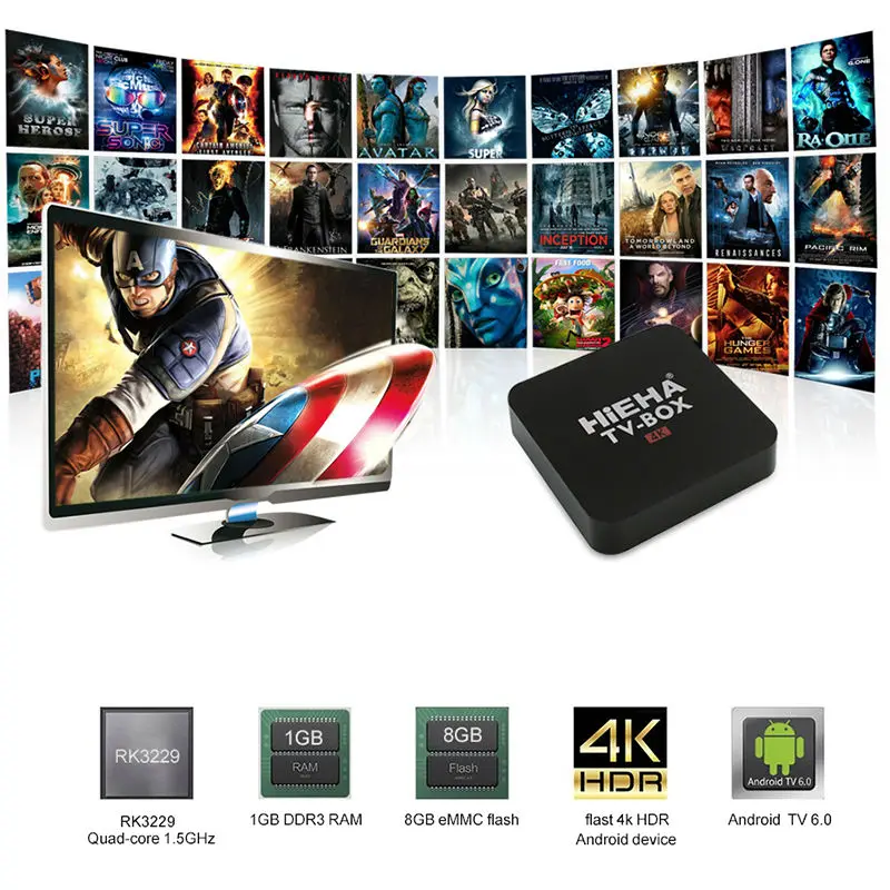 Hieha Android 6.0 TV Box rk3229 4 ядра 1.5 ГГц Smart 1 ГБ 8 К HD WIFI Коди Декодер каналов кабельного