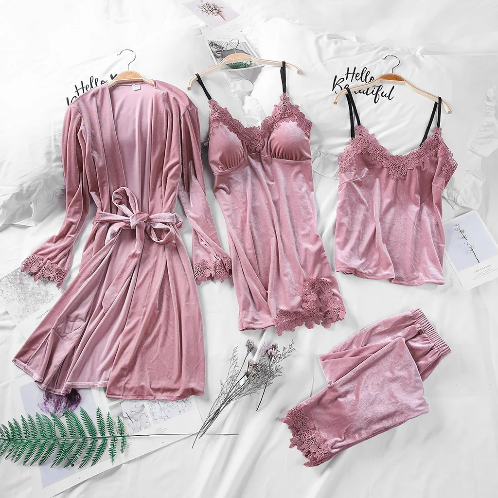 Pink 4 шт., женские пижамы, одежда для сна, бархатный топ на бретельках, штаны, ночная рубашка, платье костюмы, женские пижамные комплекты, одежда для сна, пижама, сексуальная женская пижама - Цвет: Pink