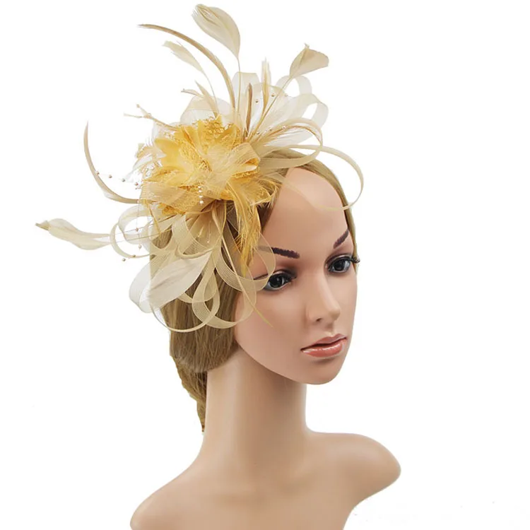 Gold Шляпа Свадебная королевские шляпы цветок Pamelas Y Sombreros Para Bodas перья шляпка для церкви Зажимная лента шляпа для банкета Свадебная Тиара - Цвет: Gold