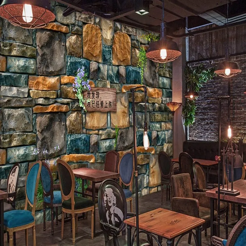 Обои 3d Европейская американская мода каменная стена послеобеденный чай Кофейня