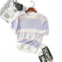 summer women t shirt tencel knitted short sleeves ruffles o neck pullovers jumper computer knitted sweaters multicolor