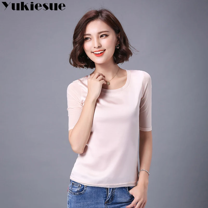 Женская футболка camisetas mujer 2018 летний топ с рукавом до локтя повседневная шелковая