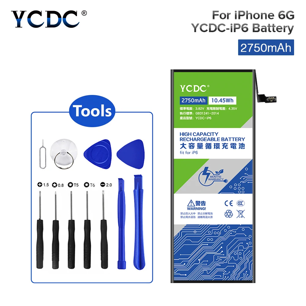 YCDC для iPhone 6 6G аккумулятор высокого качества с реальной емкостью 3 82 в 2750 мАч литий