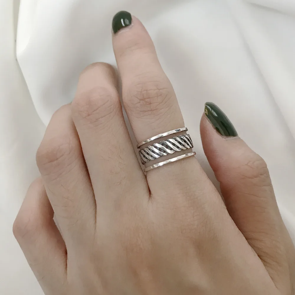 S925 sterling silver ring retro double line knotted opening adjustable trend personality men women girl hand jewelry | Украшения и