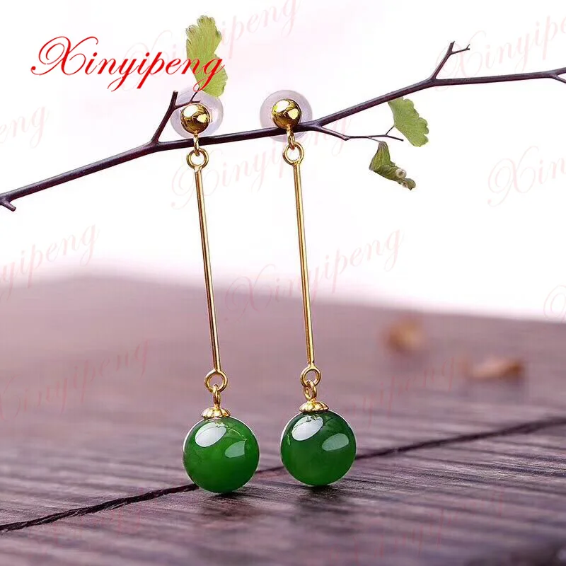 

Xin yi peng 18 k yellow gold inlaid natural hetian jade jasper drop earrings, women earrings, simple and easy, anniversary gift