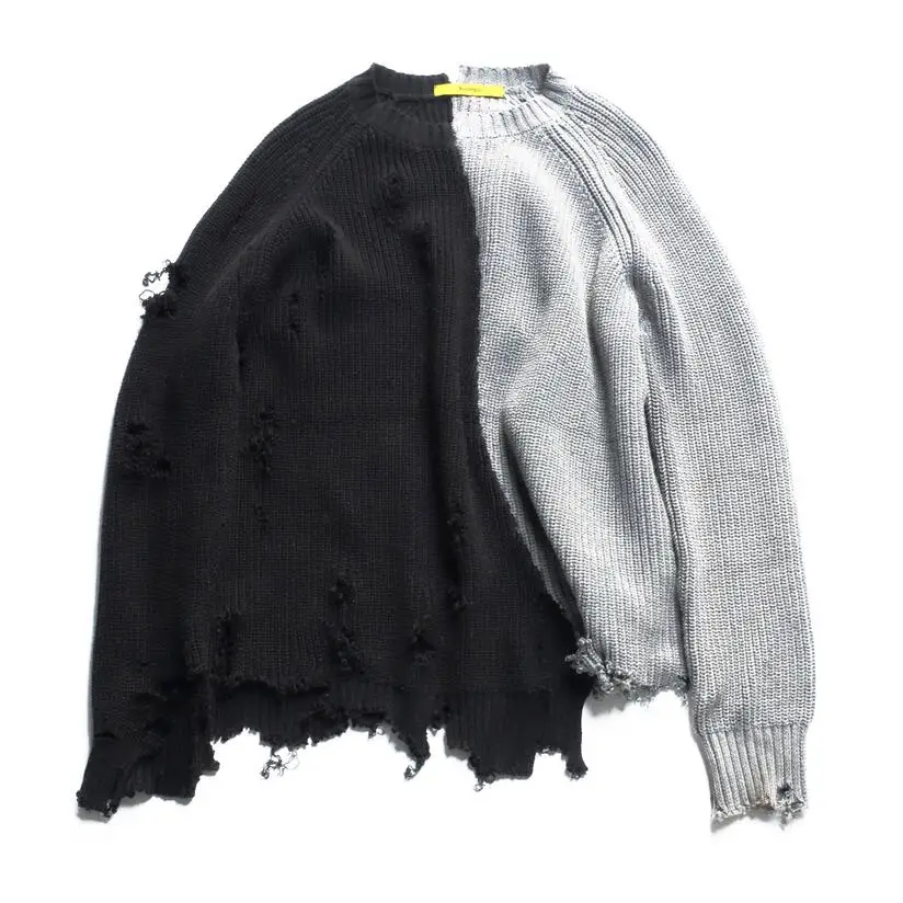 

Осенне-зимний мужской вязаный свитер большого размера с рваными дырками в стиле пэчворк, необычный дизайн, вязаная одежда в стиле хип-хоп и ...