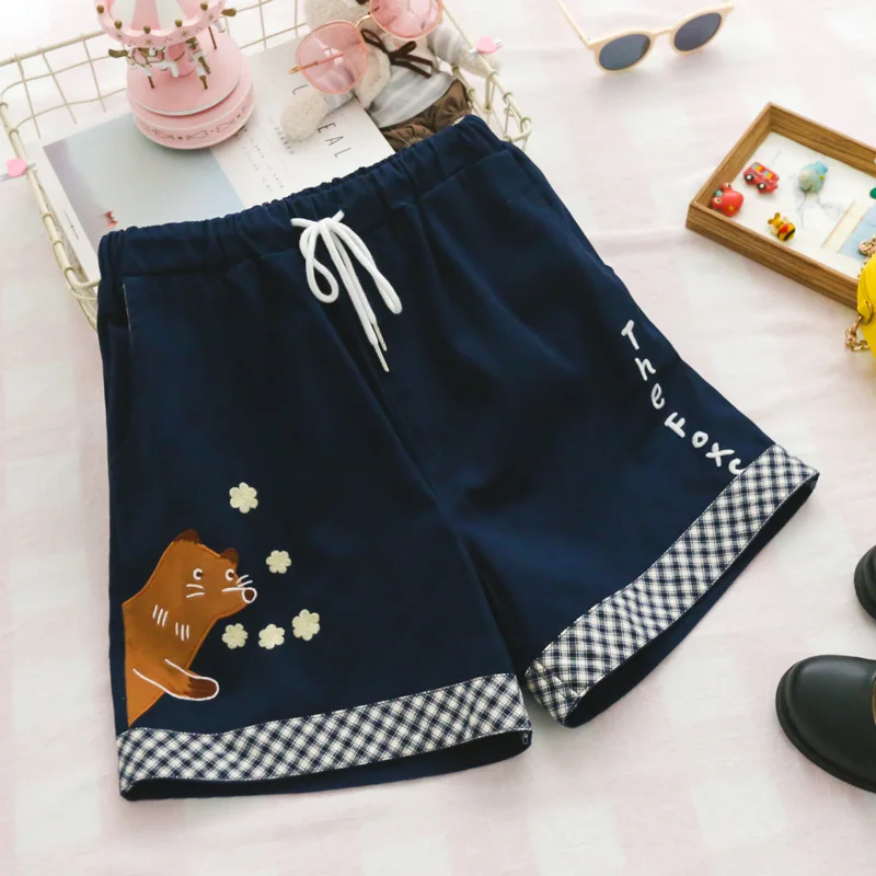 Navy Blue Летние Для женщин с милым вышитым Лисом из свободного кроя из хлопка с эластичной резинкой на талии, Рубашки домашние японский Стиль в стиле «Mori Girl» и Лолита шорты «Kawaii» - Цвет: Navy Blue