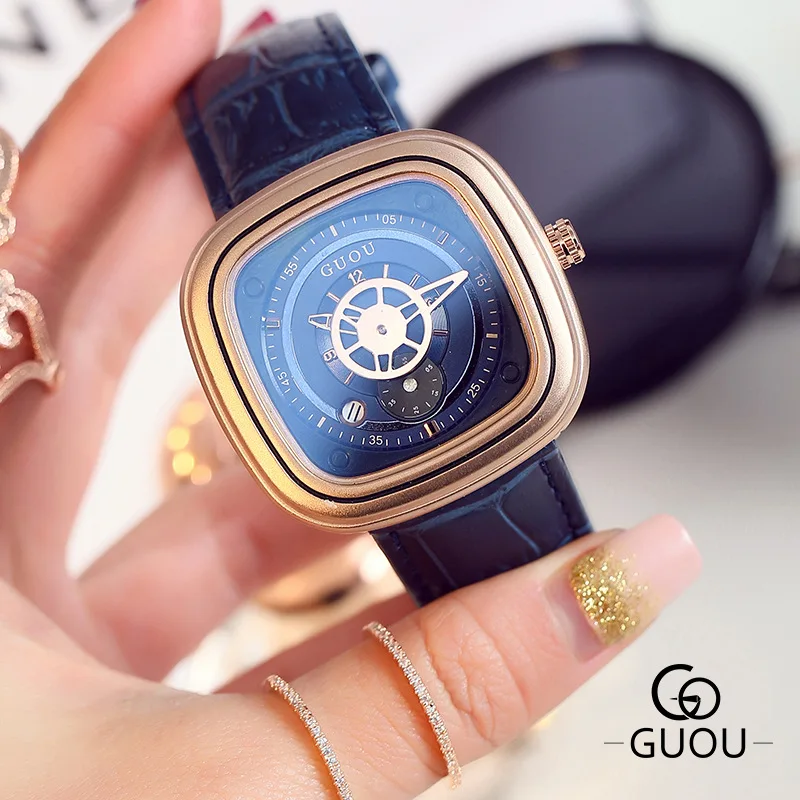 Женские Часы GUOU с кожаным ремешком водонепроницаемые календарем | Наручные часы