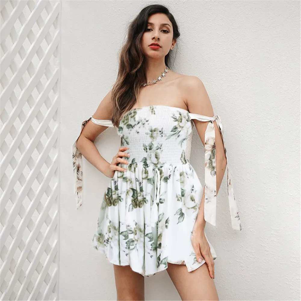 Для женщин шифон цветочный принт Playsuit Сексуальная спинки с открытыми плечами