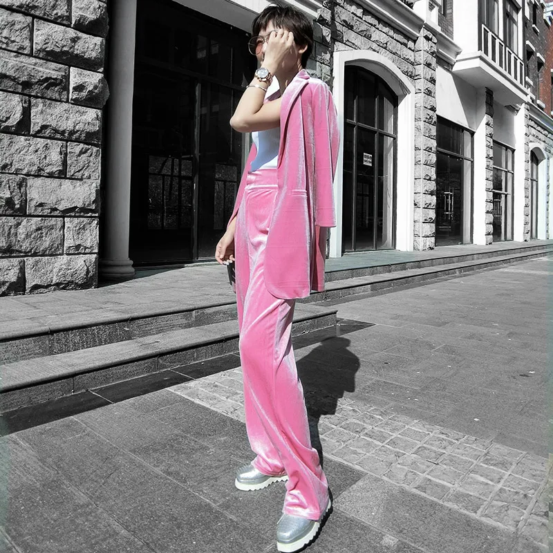 

Fashion new gold velvet long section slim casual professional long-sleeved small suit high waist wide leg pants two-piece JQ636