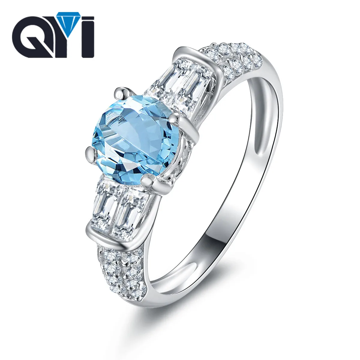 

QYI 925 sterling silver Natural Sky Blue Topaz Classic four claw Blue Three Stone Ring For Women Fashion Gemstone Fine Jewelry