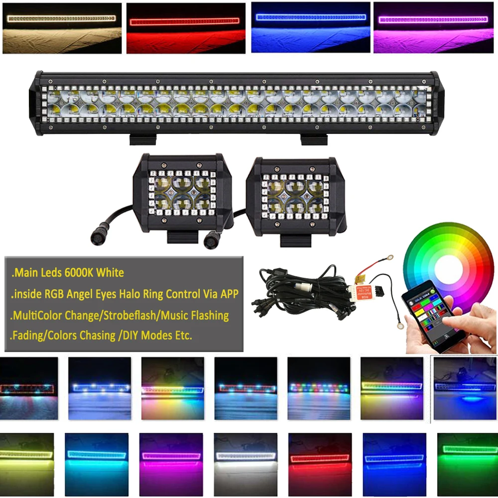 20" inch 4D 126W Led light bar + 2x 4" 30W Pods 3" Wirelss Bluetooth RGB Halo Multi-Color Change Chasing & Wiring Harness Kit