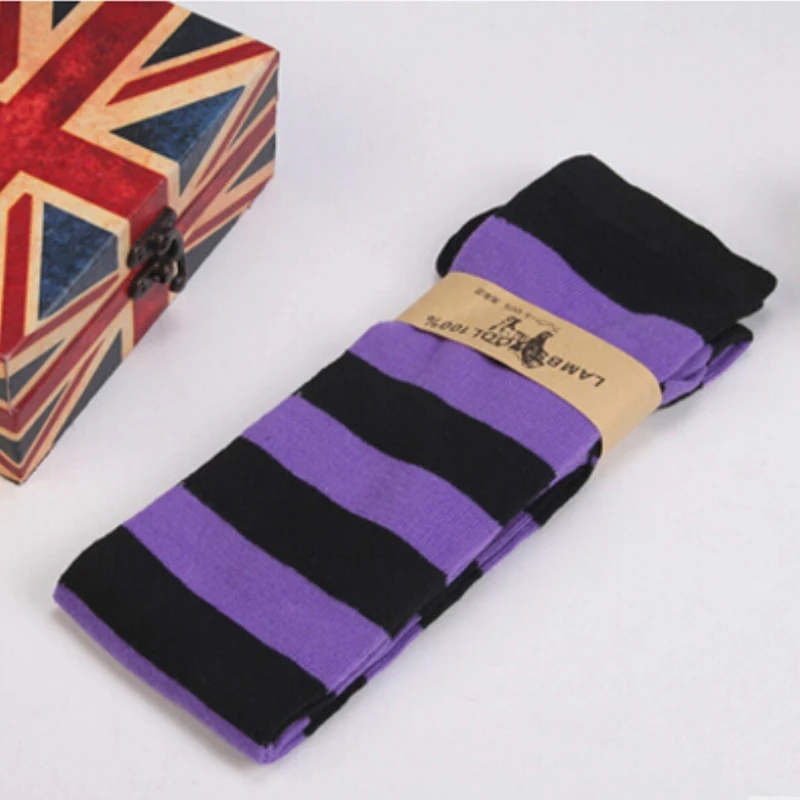 Black Purple Модные женские полосатые чулки до бедра для девочек, хлопковые чулки выше колена размера плюс - Цвет: Black Purple