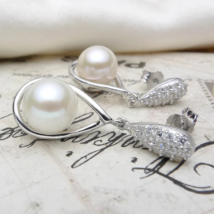 

925 silver real natural big WAO new 8.5-9mm Natural Pearl Earrings Sterling Silver Round female wedding gift jewelry accessories