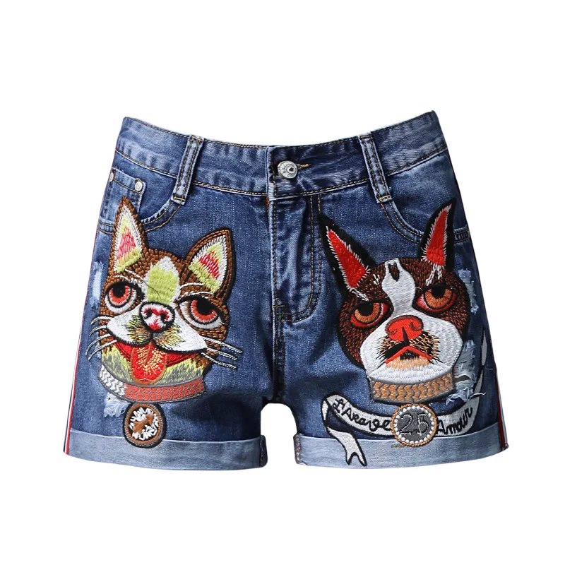 Женские шорты модные летние с вышивкой в виде собаки джинсовые стиле ретро