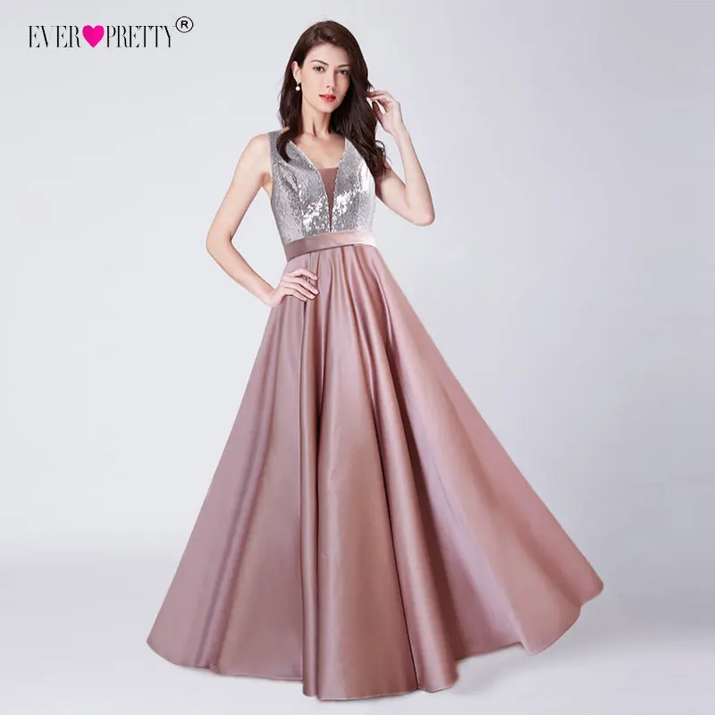 EZ07638OD Длинные вечерние атласные платья Ever Pretty, атласные наряды для выпускного вечера с блестящим лифом, V-образным вырезом, открытой спиной, трапециевидного силуэта, розового цвета, весна-лето - Цвет: EZ07638OD