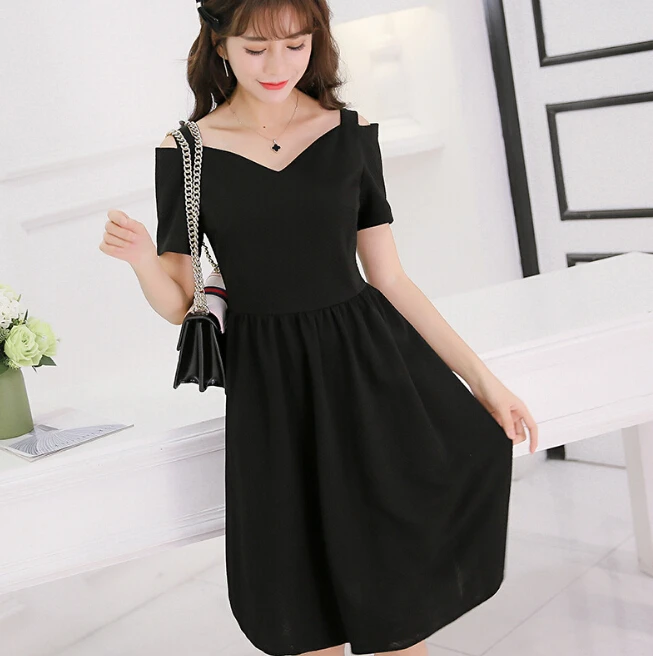 Корейское милое летнее платье с открытыми плечами и коротким рукавом женская
