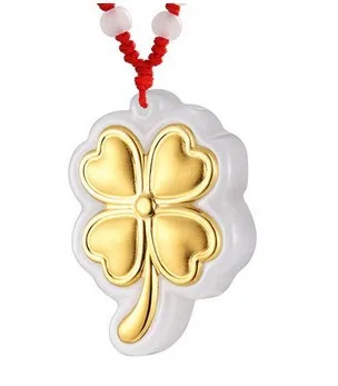 2014 Hot Selling! Chinese style Luck Clover jade &amp pure gold pendant with red line Free shipping | Украшения и аксессуары