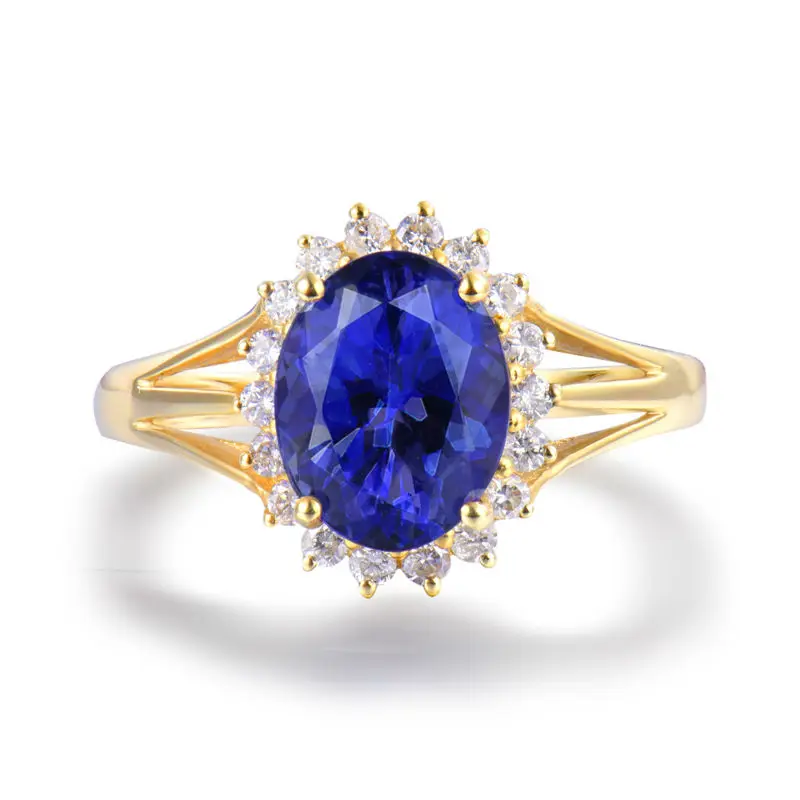 LOVERJEWELRY Винтаж овал 9x7 мм сплошной 14Kt желтого золота с бриллиантами Танзанит