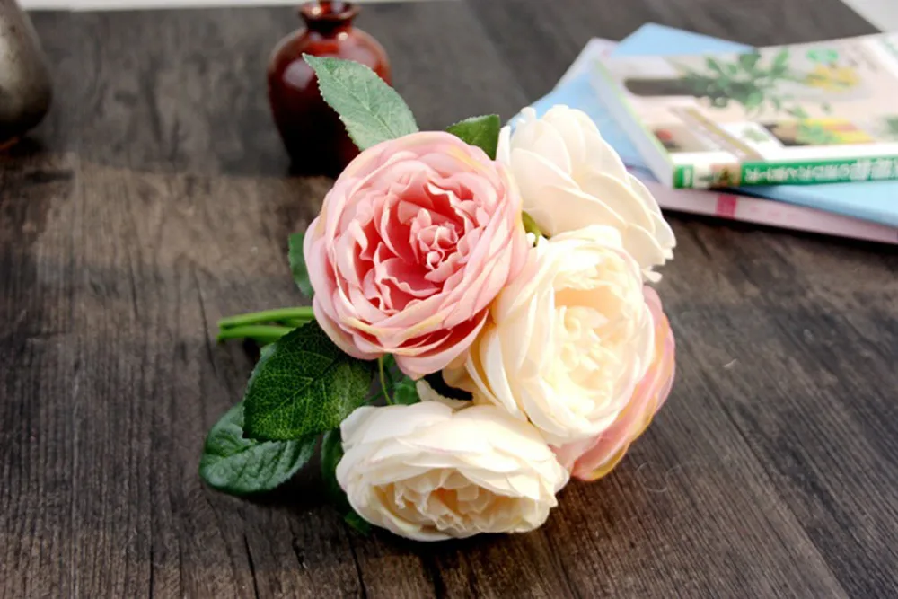 

2018 Fashion Home & Garden Artificial Rose Silk Flowers 5 Flower Head Leaf Garden Decor DIY pink