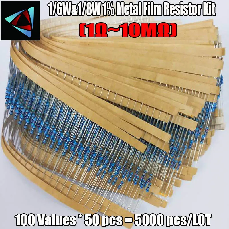 1/6W& 1/8 Вт 0,25 100valuesx50pcs = 5000 шт. 1R~ 10 м 1% металлического пленочного комплект резисторов в ассортименте