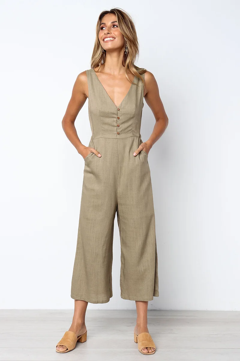 Женский хлопковый Свободный комбинезон с v образным вырезом повседневные