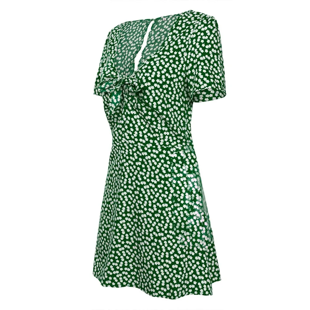 Sexy Summer Polka Dot Boho Dress Women V-Neck Short Sleeve Mini Dress Front Bow Beach Dress Robe