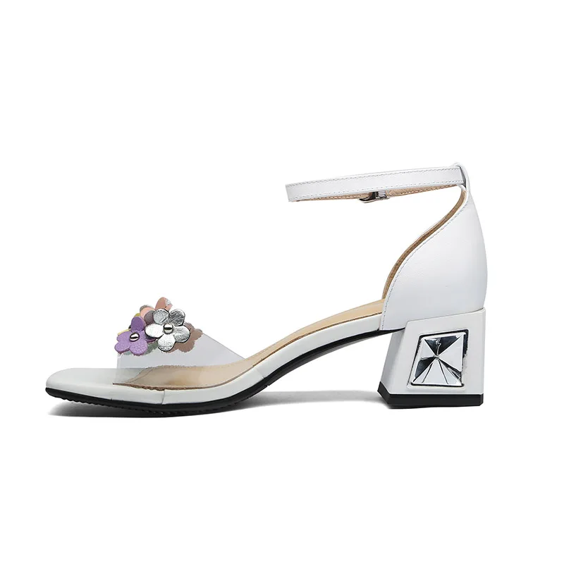 Phoentin transparent pvc sandals flower ankle buckle woman genuine leather square toe med heels white ladies shoes FT654 | Обувь