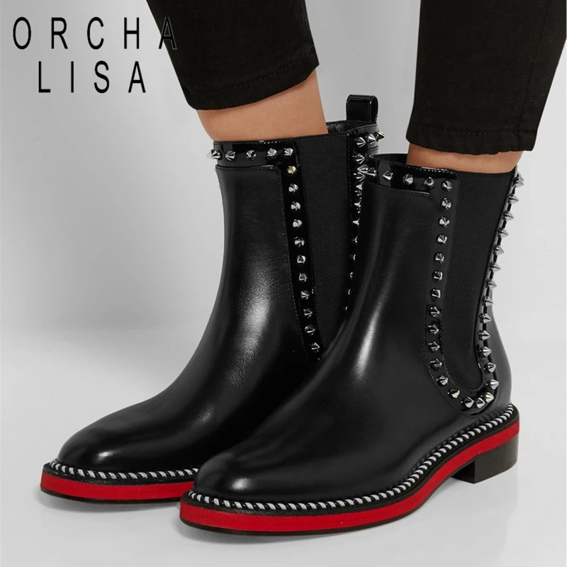 

ORCHA LISA Genuine Leather Ankle boots for Women Flat Boots Female Platform Riding Spring Autumn Rivet Shoes woman botas S640c