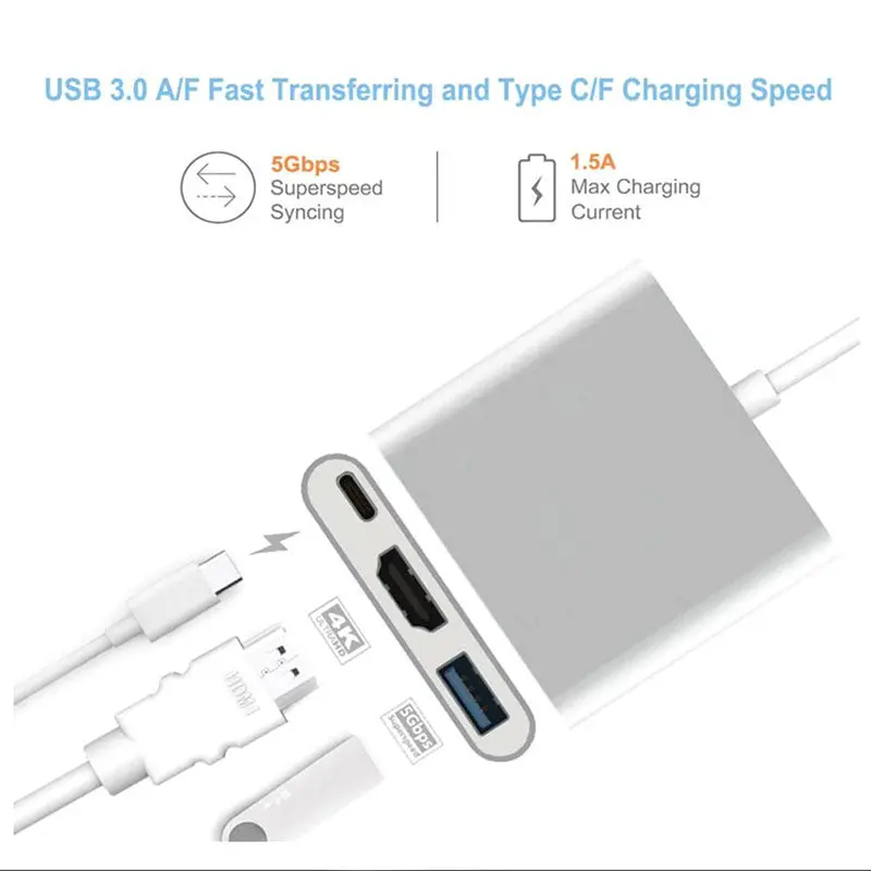 BrankBass 3 in1 USB Type C 3.1 Мужчина К USB3.0/HDMI 4 * 2 К/Тип Женский Адаптер Зарядного Устройства