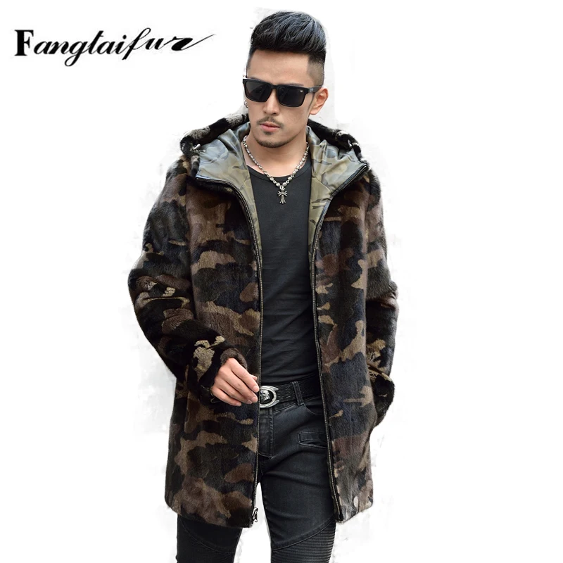 

Ftangaiur Winter Men Jacket Import Velvet Mink Fur Coat With Fur Hood Camouflage Men's Long Smart Causal Real Mink Coats