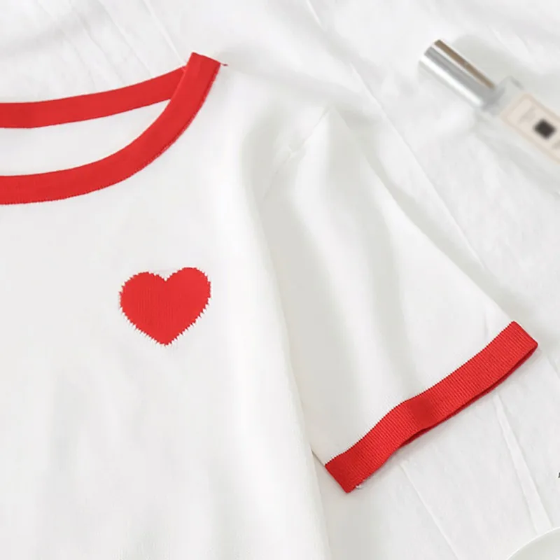 Women's Summer Color Block Heart Embroidery O Neck Knitted Short Sleeve Knitwear Pullover Women T shirt | Женская одежда