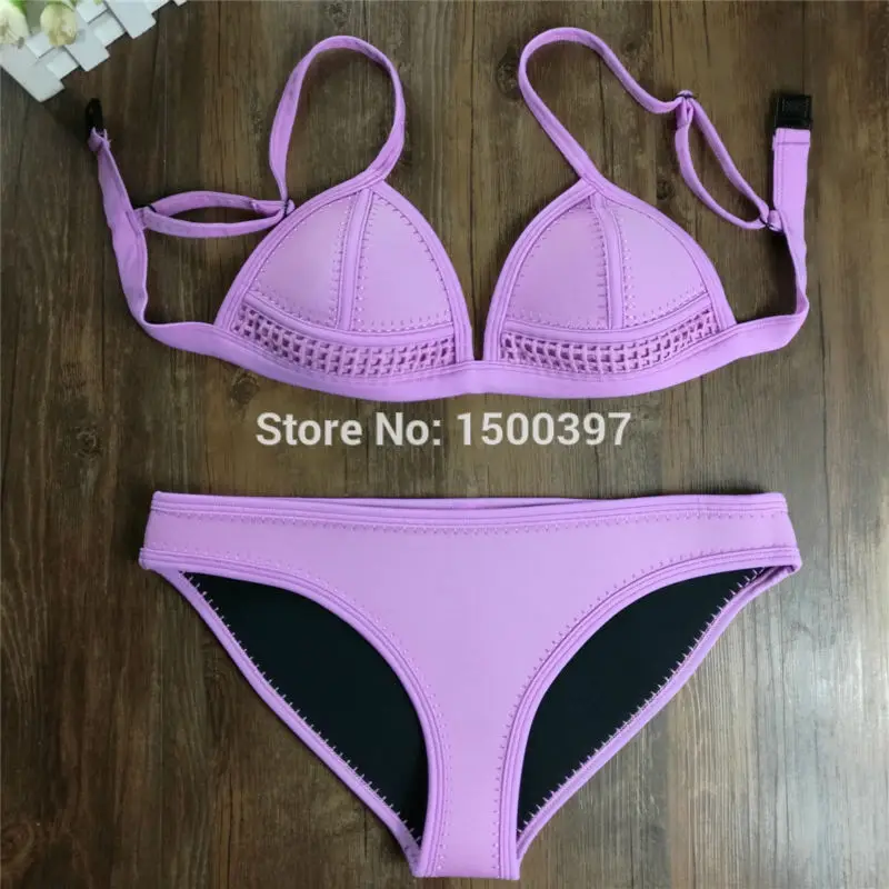 

2019 Women Cute Pink Neoprene Bikini Set Brand neoprene triangle swimsuit high quality crochet mesh swimwear Pinup Bathing Suit
