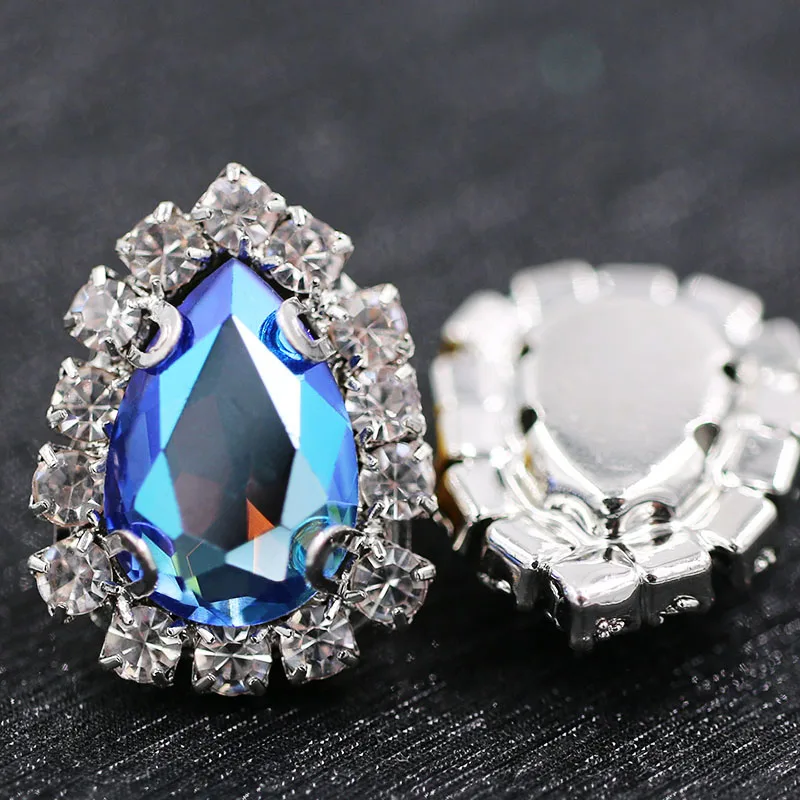 

New glass rhinestones teardrop sew on Sliver base crystal button Blue fluorescence crystals rhinestones diy nail art accessories