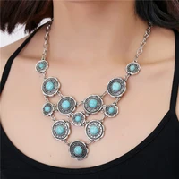wholesale tibetan silver necklace women bohemian blue multiple statement natural pendant necklace long necklace sweater chain