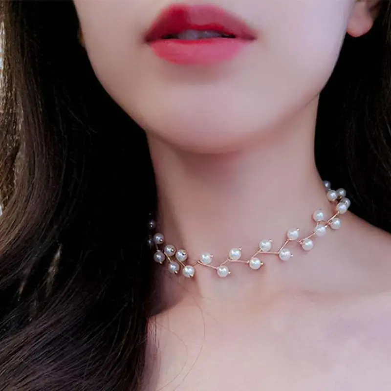 

2019 Trendy Elegance Statement Necklace Charm Simulated Pearl Beads Choker Necklace For Women Kolye Collier Femme