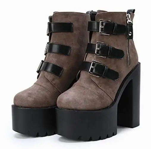 Три Пряжки Ремня Панк Ботильоны На Платформе Женщины Чаки Каблуки высокие