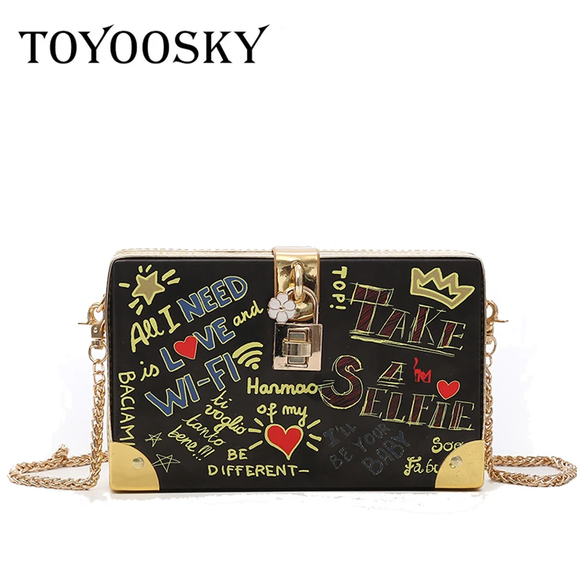 

TOYOOSKY Fashion Handbag Women Evening Party Shoulder Bags Lock Letter Graffiti Crossbody Bag Ladies Hard Case Box Clutch Bag