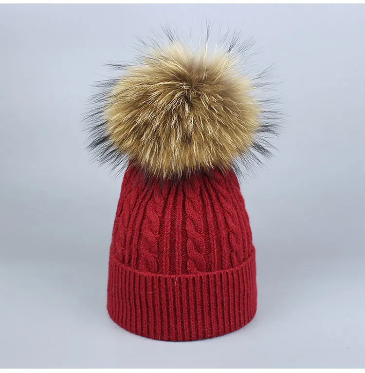 Зимняя меховая шапка с помпоном Skullies для женщин, кашемировая шерстяная хлопковая шапка, большая шапка с натуральным енотом, шапка с меховым помпоном, шапка с помпоном из лисьего меха