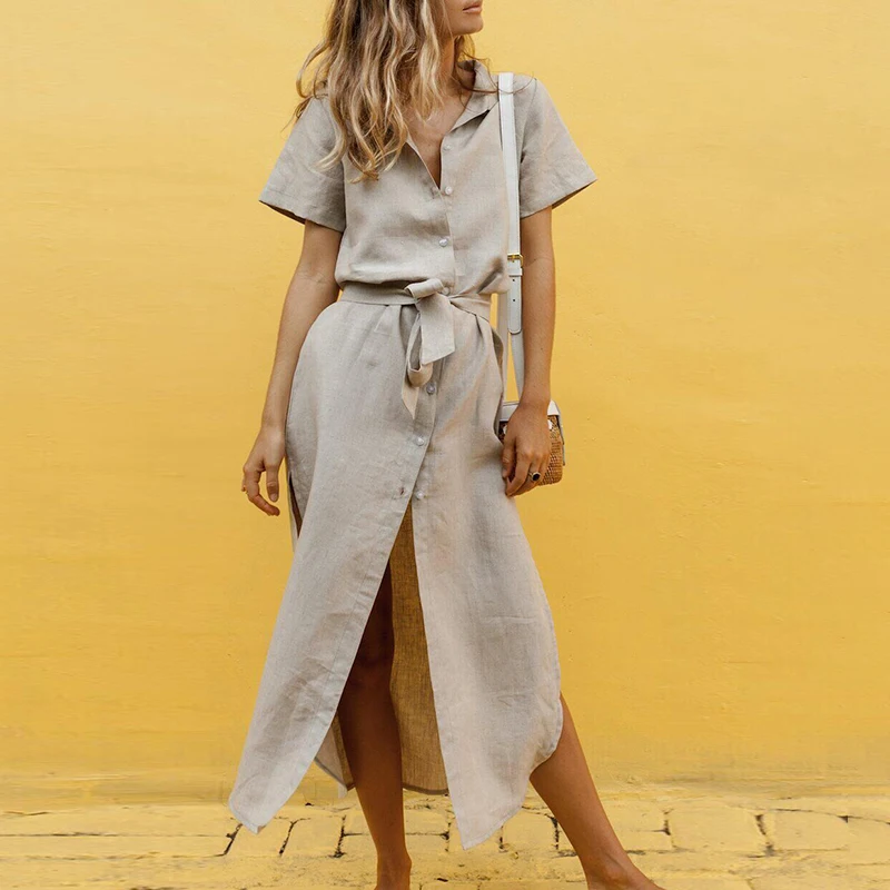 Женское платье повседневный стиль сплошной цвет v образный вырез пуговица