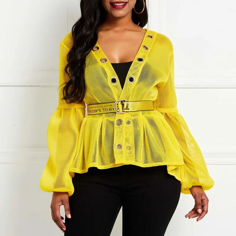 Женская прозрачная блузка с длинными рукавами фонариками ярко желтая в
