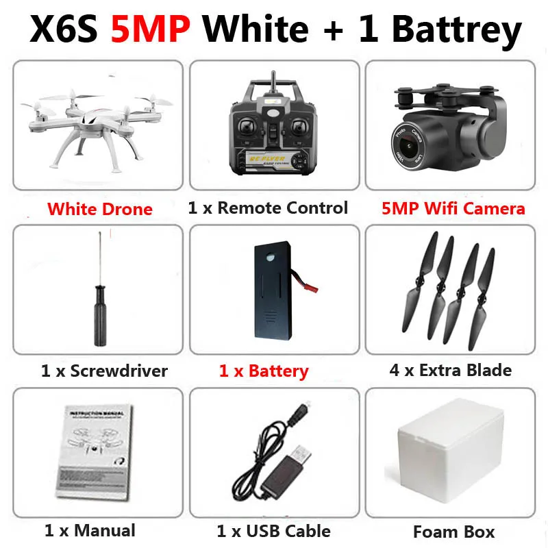 X6S Дрон с камерой 720P 1080P 4K HD WiFi FPV в режиме реального времени аэрофотосъемка высота удержания RC Квадрокоптер Вертолет игрушки VS SG106 E58 - Цвет: 5MP White 1B