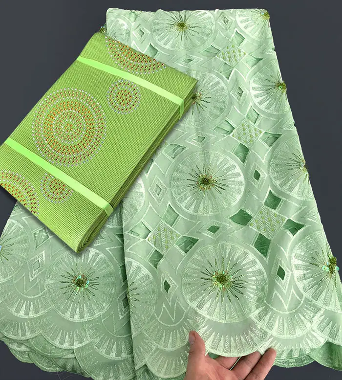 Lemon green Мягкий 5 ярдов лимонно-зеленый Hancut Африканский швейцарский вуаль кружева соответствующие ASO OKE тюрбан с большим количеством блестящих хрустальных бусин - Цвет: Lemon green