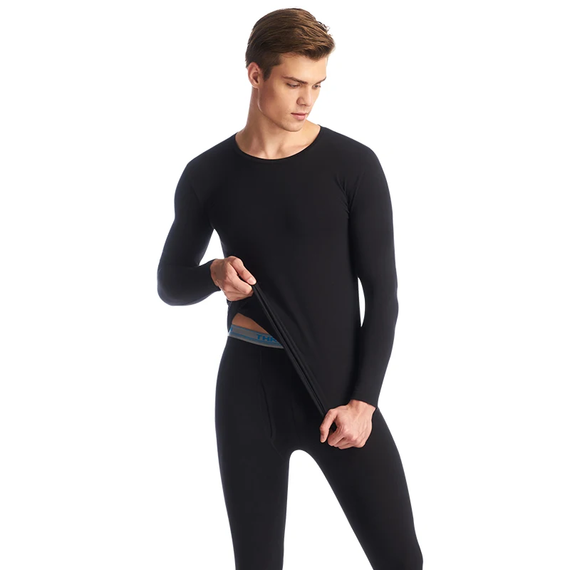 Black (Round Neck) THREEGUN Нижнее белье лайкры термобелье мужское V- Шея Термическое нижнее белье Модный пояс термобелье мужское зимнее Теплый джон термопредохранитель лосины мужские пижама рубашка+ Штаны комплект из 2 предметов теплый - Цвет: Black (Round Neck)