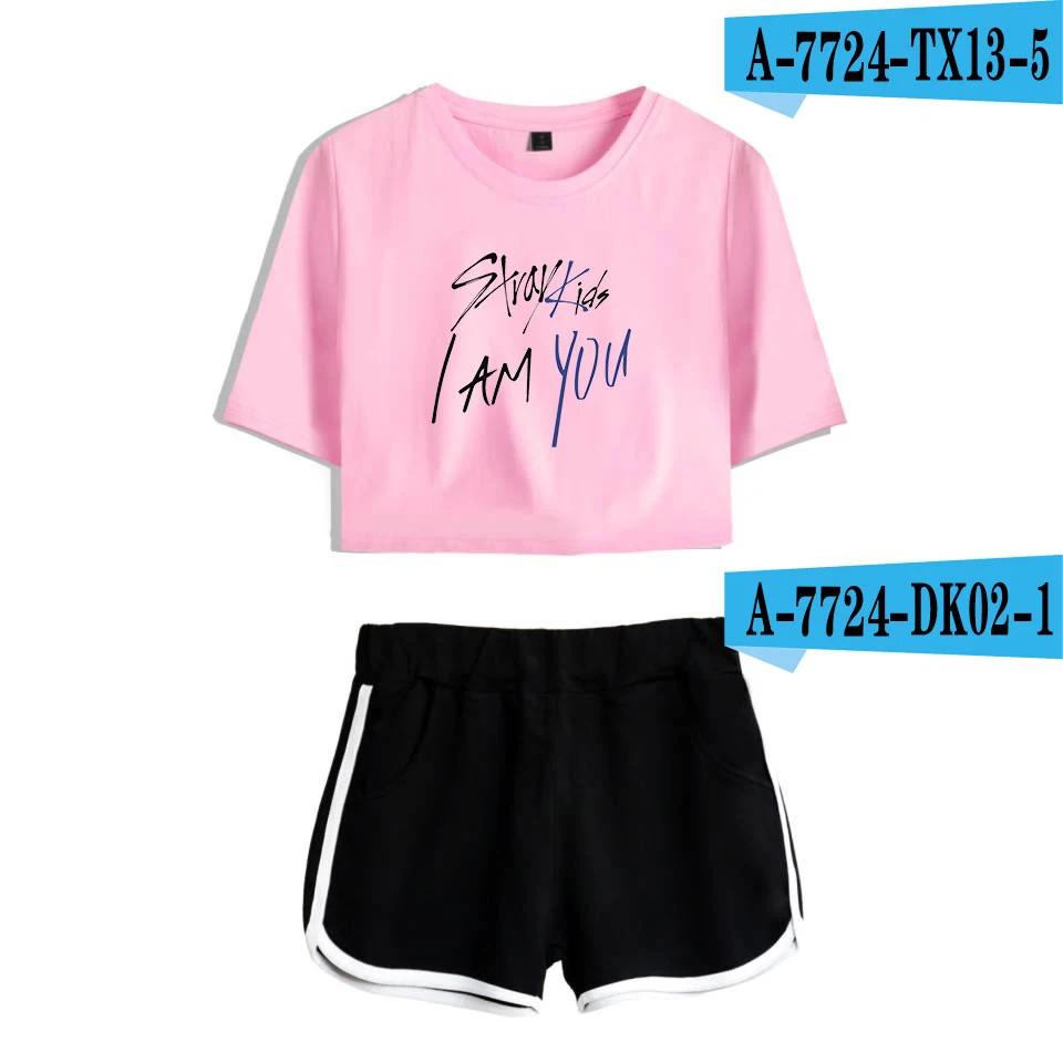 LUCKYFRIDAYF Stray Kids I Am You крутые модные летние шорты и футболки женские комплекты из двух предметов поп-кроп Топ мягкая сексуальная одежда - Цвет: pink black