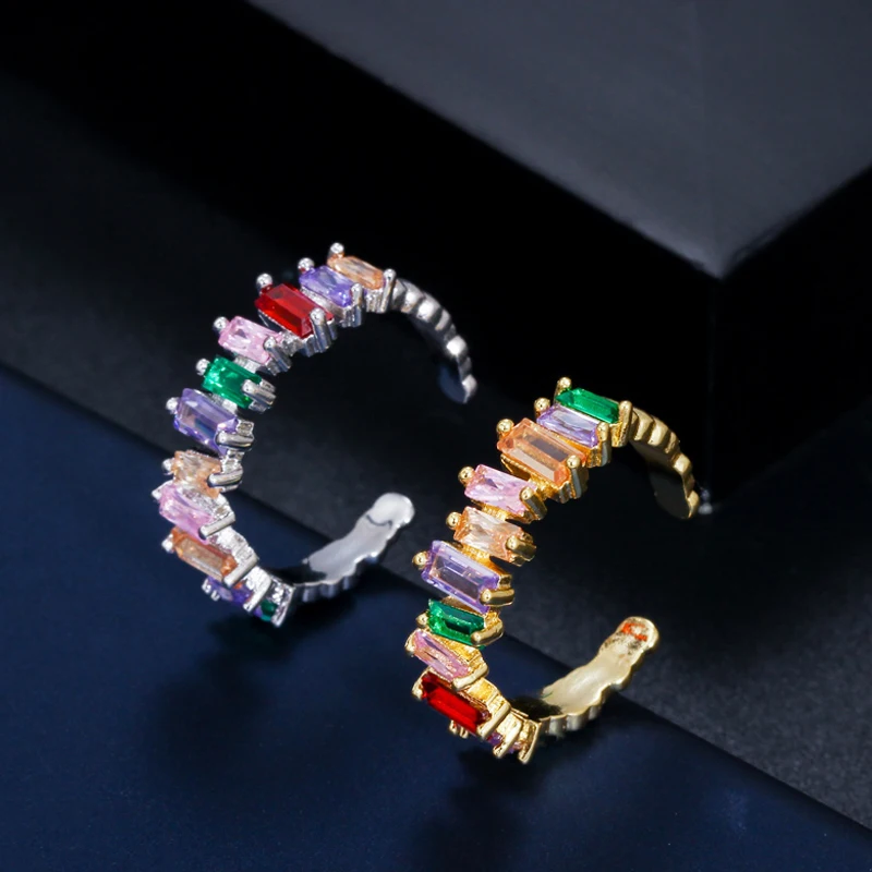 BeaQueen New Irregular Baguette Cubic Zirconia Rainbow Crystal Chic Hoop Earrings Rings Multicolor Jewelry Sets for Women JS201 | Украшения