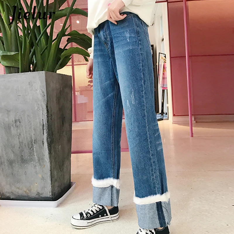 Jielur Harajuku Kawaii меховые манжеты широкие джинсы в Корейском стиле новые милые с